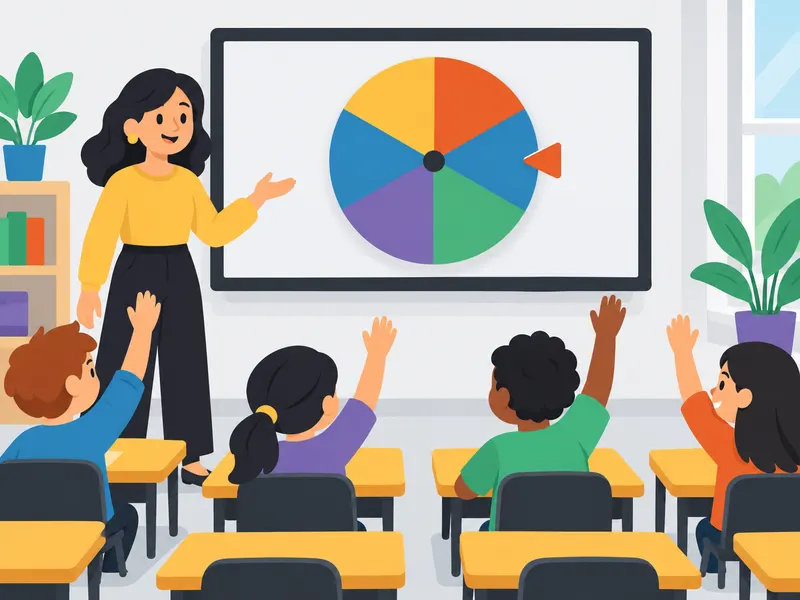 Teacher showing a spinning wheel of student names on a classroom screen